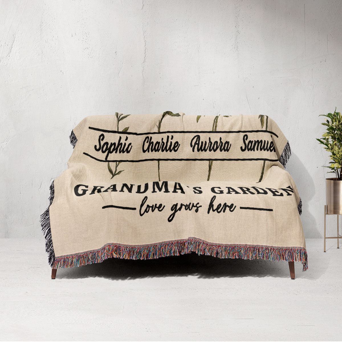 Grandma's Garden Love Grows Here Beautiful Vintage Birth Month Flowers Personalized Tapestry Woven Blanket
