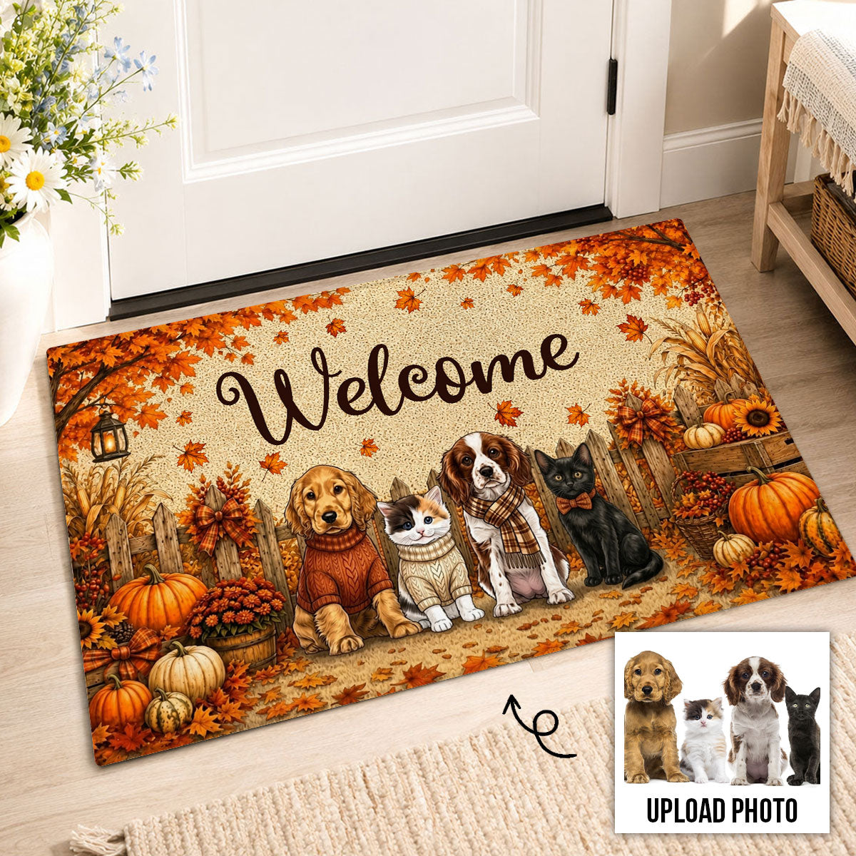 Vintage Dog Cat Fall Season Photo Upload - Personalized Doormat - Gift For Dog Mom, Cat Mom