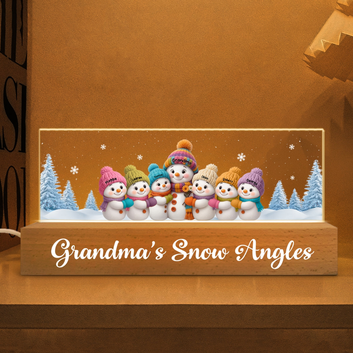 Grandma Snow Angels Snowman - Personalized Block LED Night Light - Christmas Gift for Grandmas