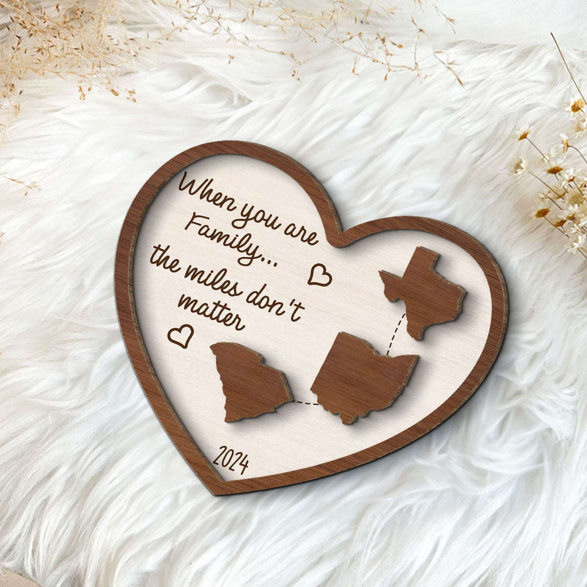 Miles Apart Long Distance Family Friendship State Map Personalized 2-Layer Wooden Plaque