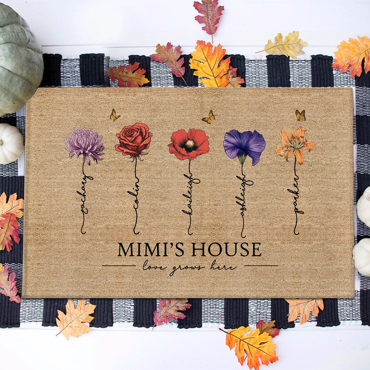 Grandma‘s Garden Love Grows Here Vintage Birth Flower Swirl Name - Personalized Doormat - Gift For Her, Grandma, Mom