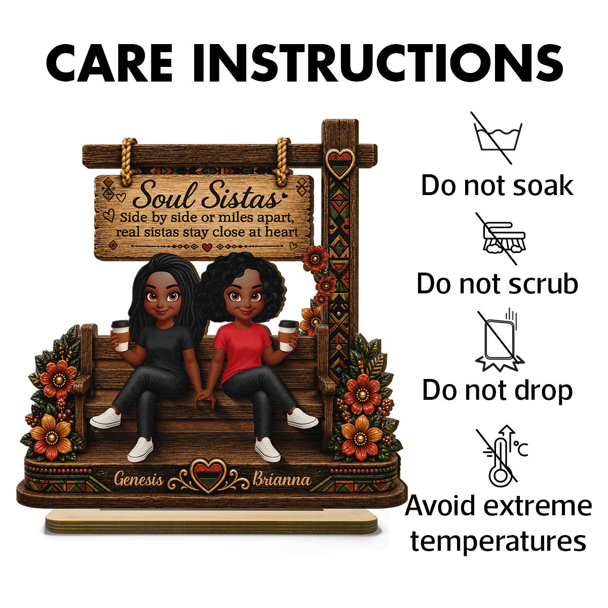 Soul Sistas Sitting Under Sign Post 2D Flat Printed - Personalized 2-Layered Wooden Plaque - Friendship Keepsake
