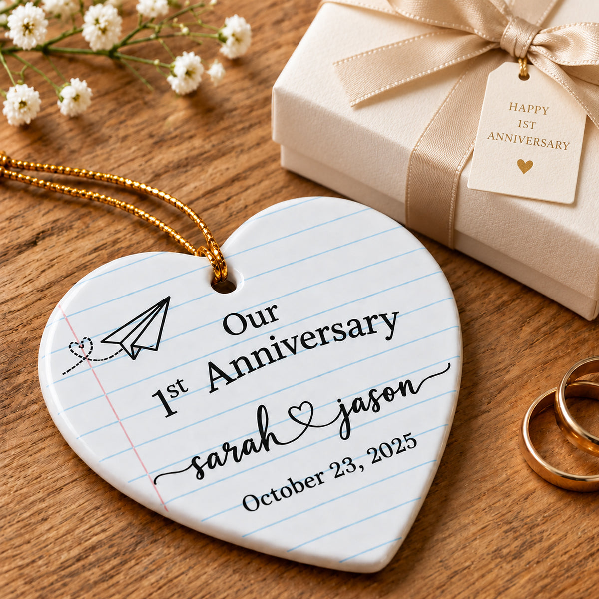 1st Wedding Anniversary Paper Anniversary - Personalized Heart Ceramic Ornament - First Year Keepsake Gift For Him Gift For Her
