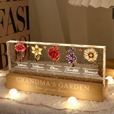 Grandma's Garden Of Grandkids Birth Month Flowers - Personalized Acrylic Block Plaque LED Night Light - Gift For Grandma, Gift For Mom