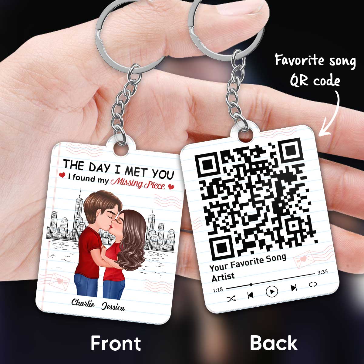Skyline Paper Doll Couple Kissing Found My Missing Piece Favorite Song Scannable QR Code Personalized Acrylic Keychain