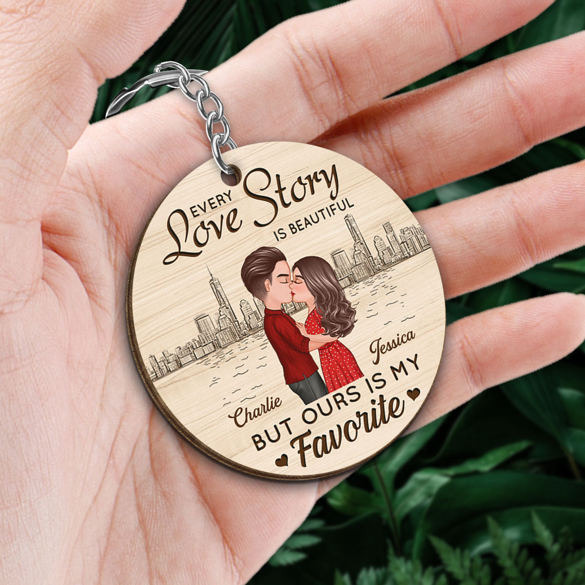 Doll Couple Kissing Skyline Calendar Anniversary Date Personalized Wooden Keychain