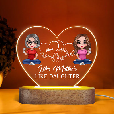 Hearts Doll Mother Daughter Sitting Gift For Mom Personalized Acrylic Heart Plaque LED Night Light