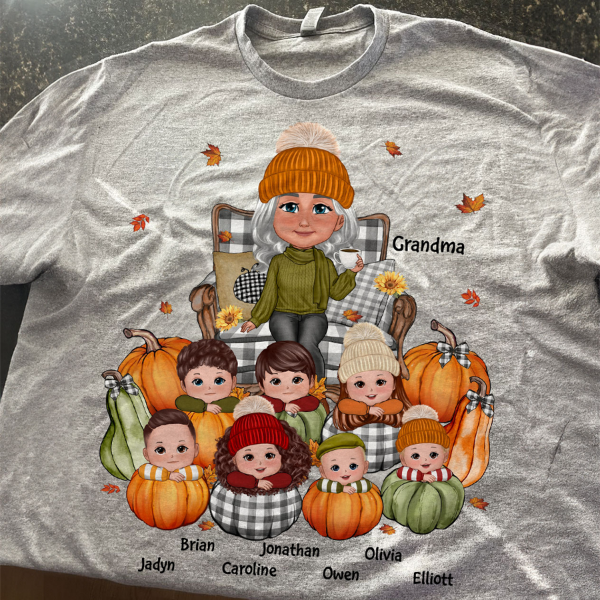 Grandma Sitting On Chair Kids Pumpkin Personalized Shirt, Fall Season Gift For Grandma