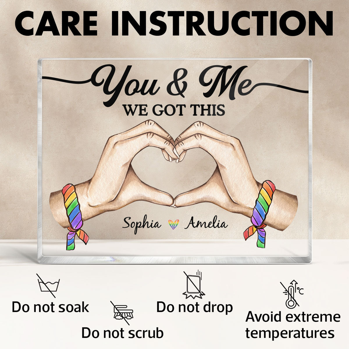 Pride Month LGBT Couple Heart Hands Personalized Rectangle Acrylic Block Plaque, Gift For Couple