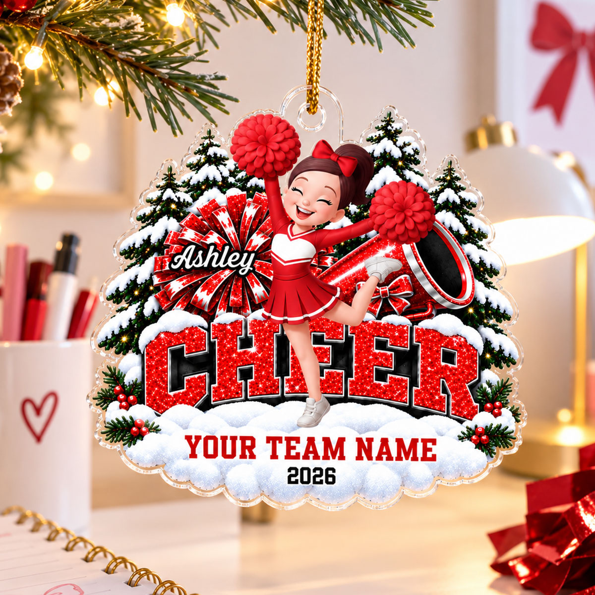 Christmas Cheerleader With Pom Poms - Personalized Acrylic Ornament - Christmas Gift For Cheerleaders, Cheer Teams, Girls