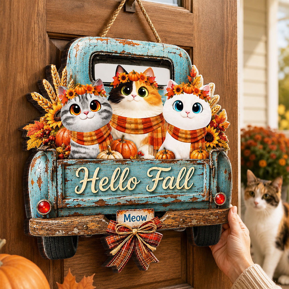 Hello Fall Pumpkin Cats - Personalized Door Hanger Sign - Cozy Fall Decor for Cat Lovers