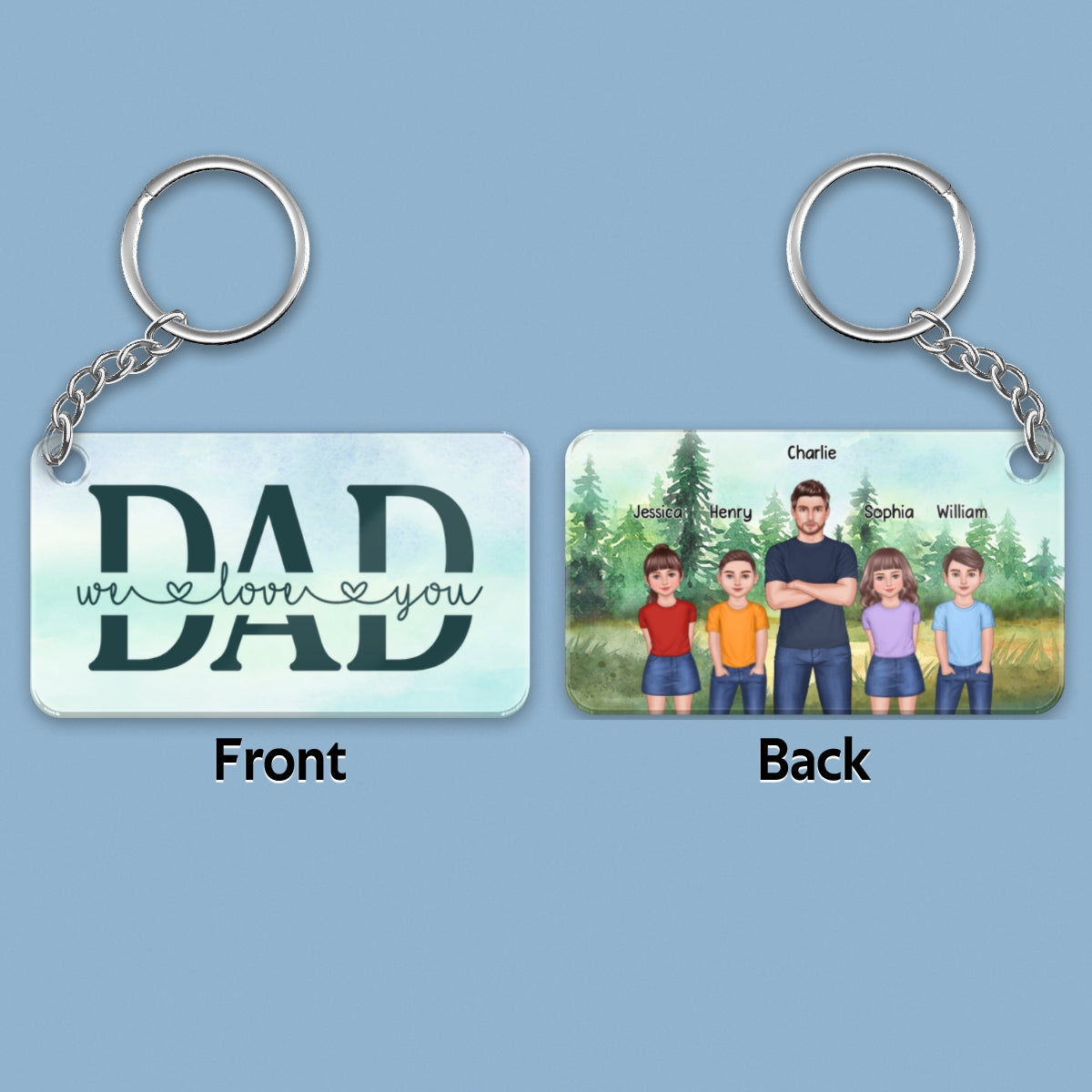 Dad And Kids Standing Front View Forest Personalized Acrylic Keychain