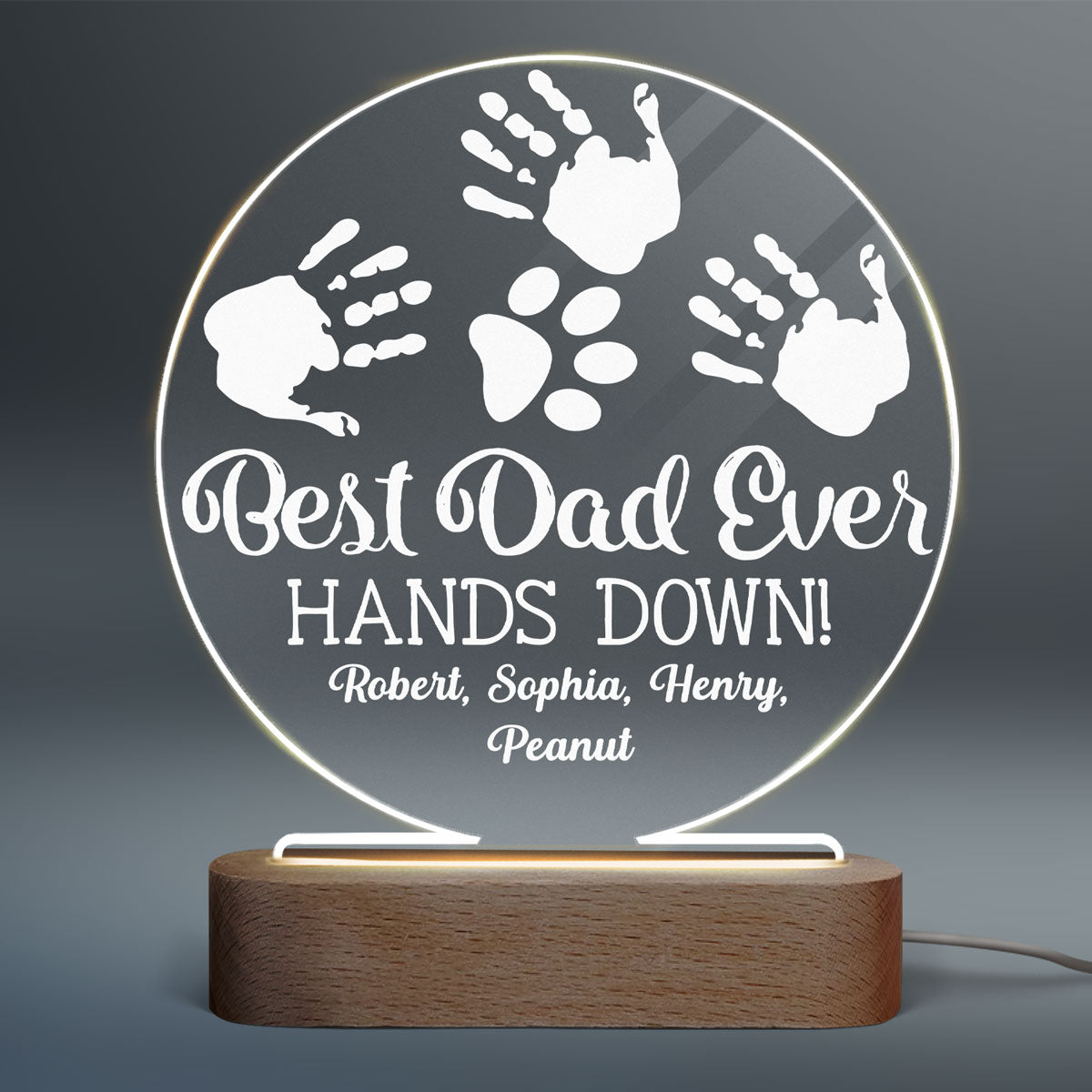 Best Dad Ever Hands Down Kids Dogs Cats Fingerprints Personalized Circle LED Night Light
