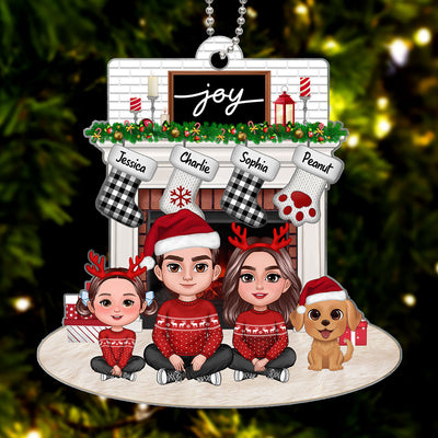 Family Dad Mom Kids Dogs Cats Crossed Legs Sitting At Christmas Fireplace Personalized Acrylic Ornament