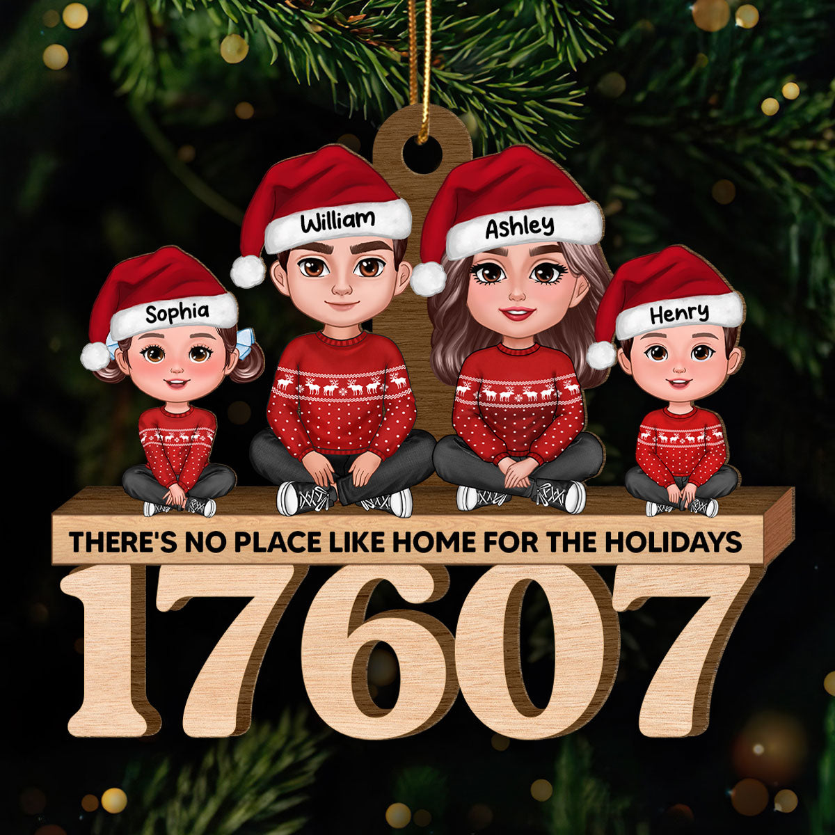 No Place Like Home Doll Family Sitting Zip Code - Personalized Wooden Ornament