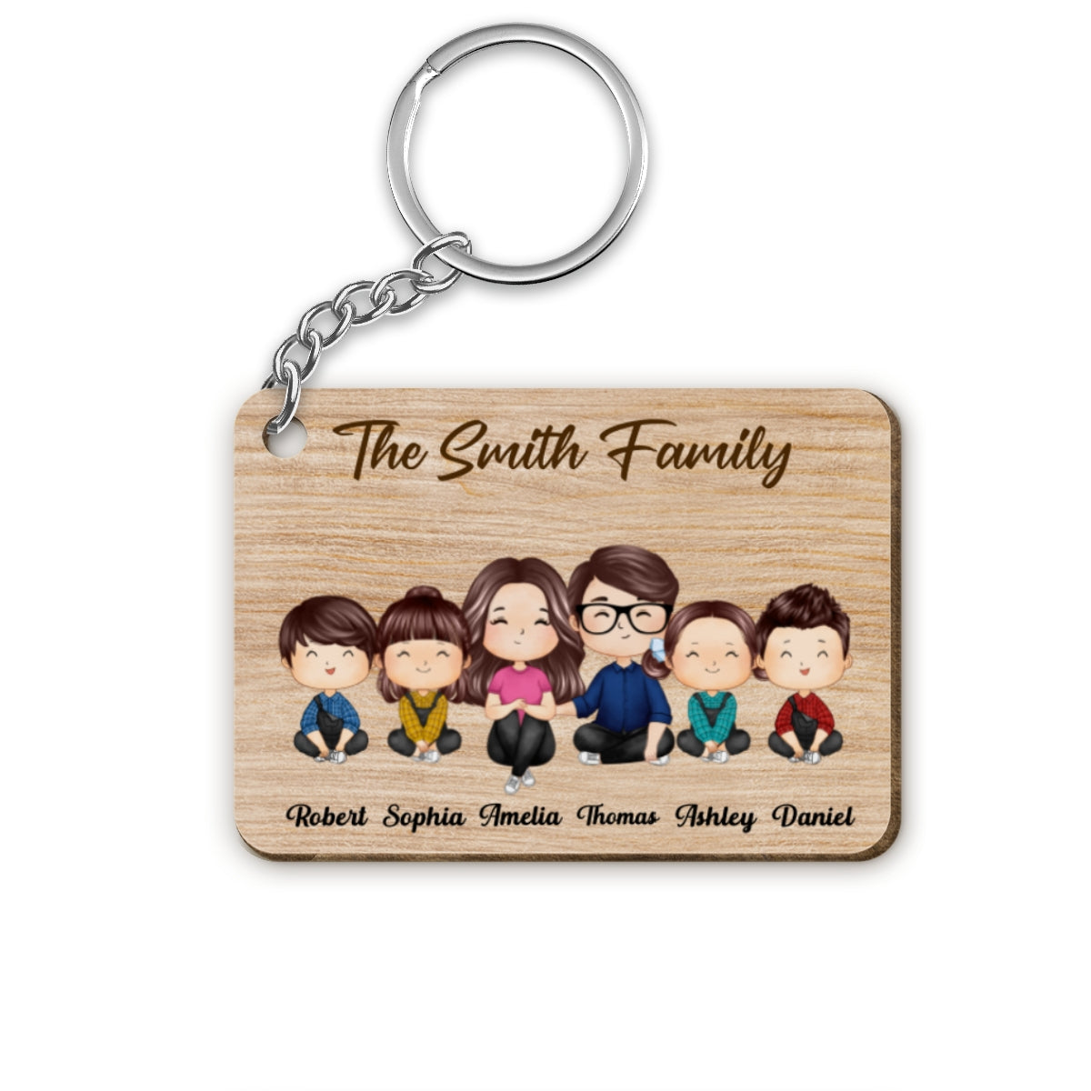 Whole Doll Watercolor Style Family Couple Dad Mom Kids Dogs Cats Sitting Personalized Wooden Keychain