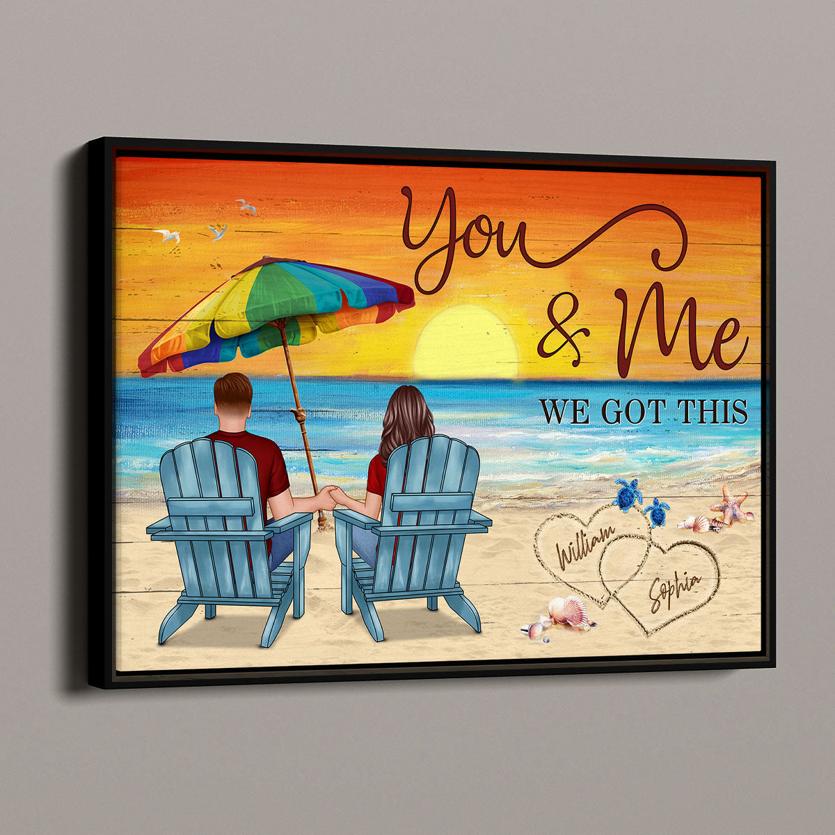 Couple Sitting Back View Under Umbrella Personalized Horizontal Poster
