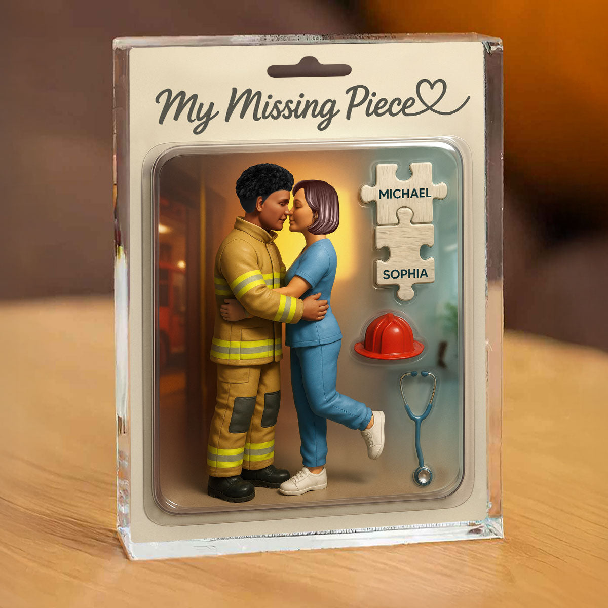 My Missing Piece Firefighter Nurse Couple Personalized Acrylic Block Plaque, Gift for Him, Gift for Her