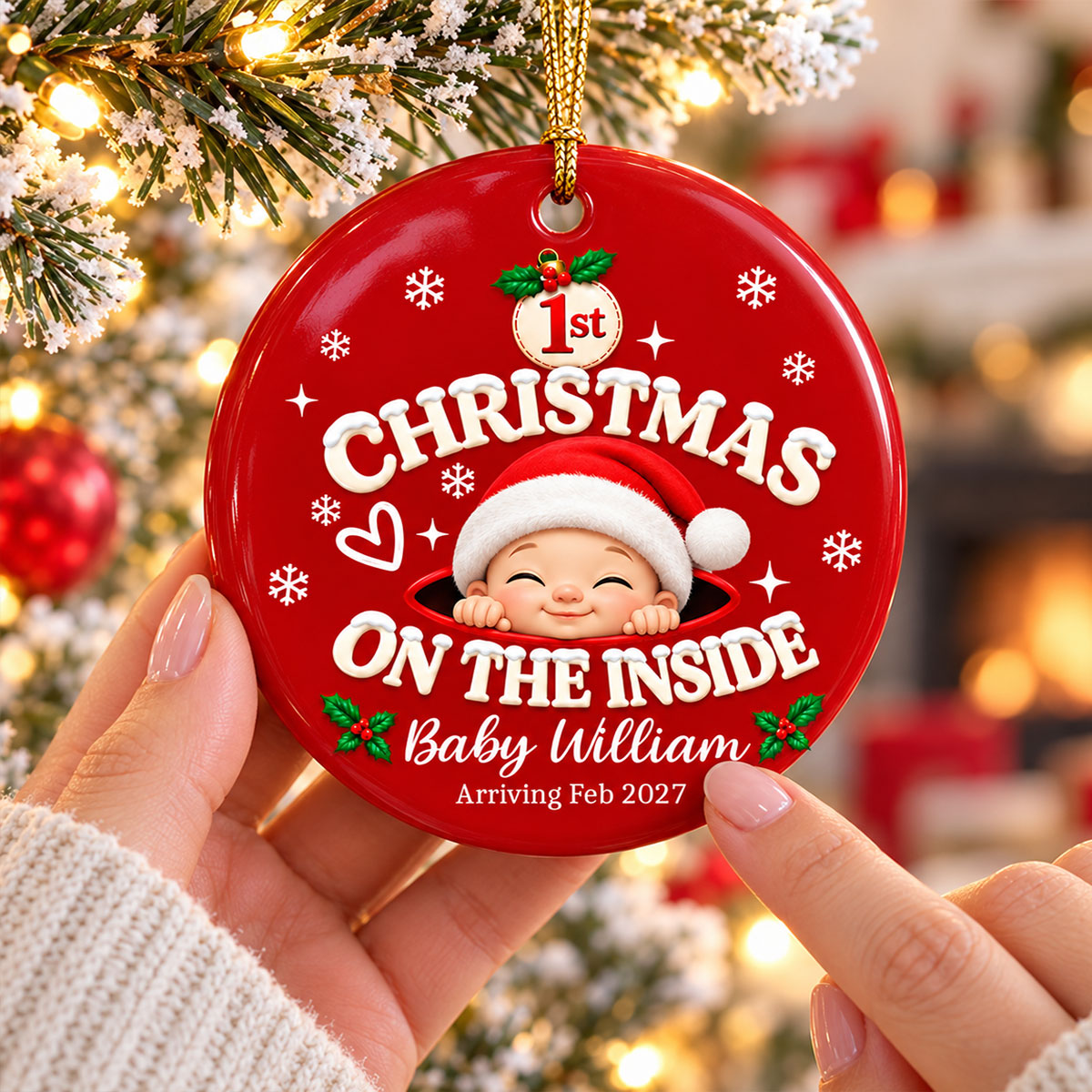 1st Christmas On The Inside Baby - Personalized Ceramic Ornament - Christmas Pregnancy Announcement Gift For Mom To Be, Expecting Mom