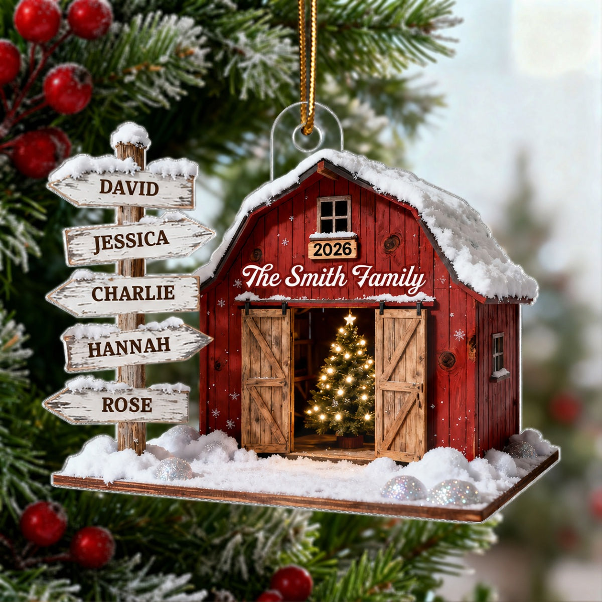 3D Effect Christmas Flat Nostalgia Barn House Family Sign Posts - Personalized Acrylic Ornament - Gift For Family, Farmhouse Decor