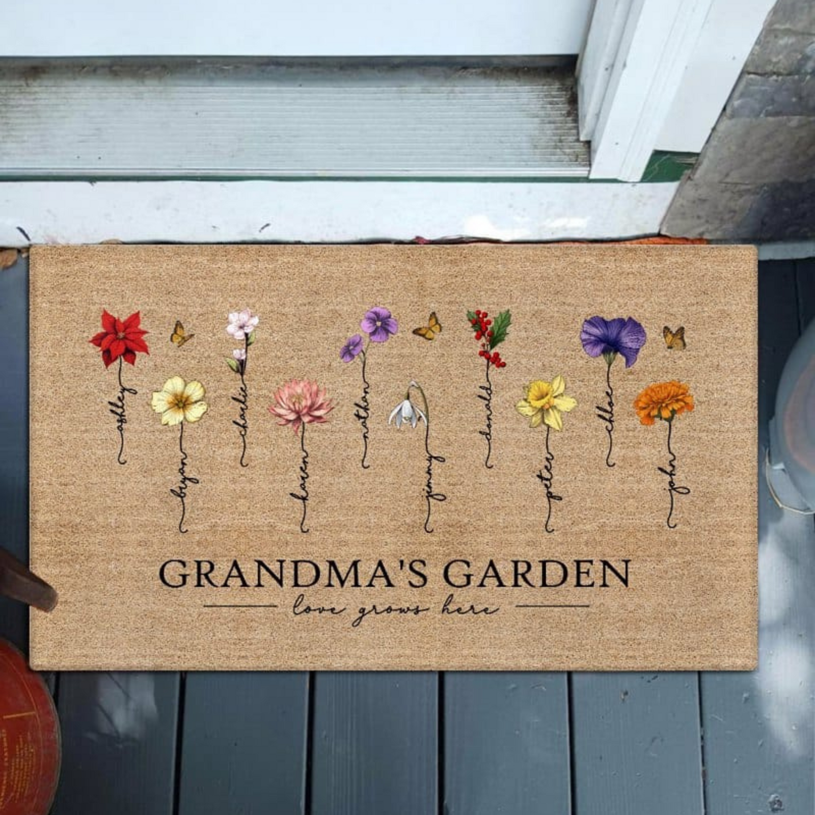 Grandma‘s Garden Love Grows Here Vintage Birth Flower Swirl Name - Personalized Doormat - Gift For Her, Grandma, Mom