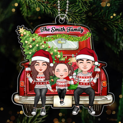 Cute Family Couple Dad Mom Kids On Christmas Truck Personalized Acrylic Ornament