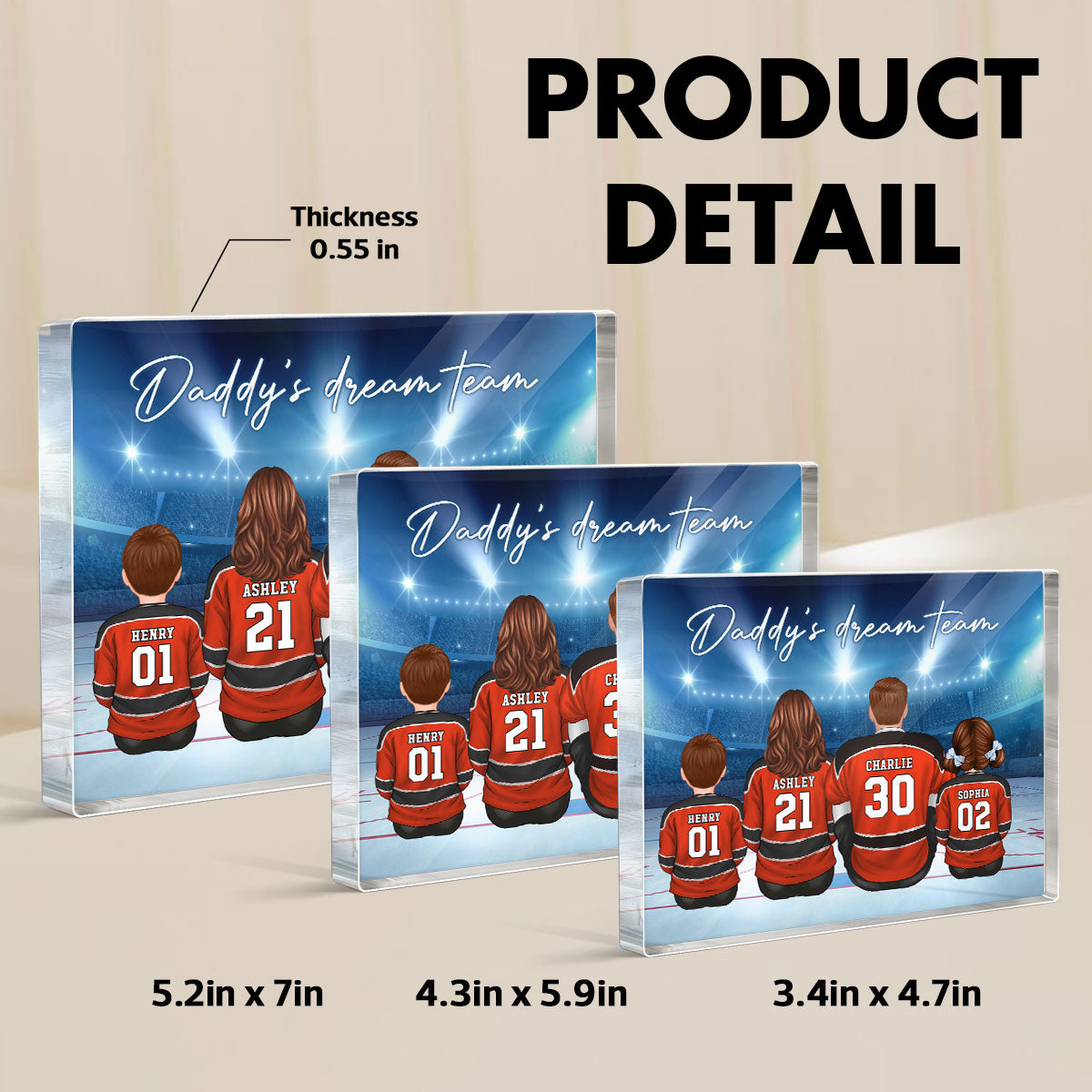 Daddy's Team Hockey Family Sitting Personalized Acrylic Block, Unique Father's Day Gift for Dad, Gift for Husband