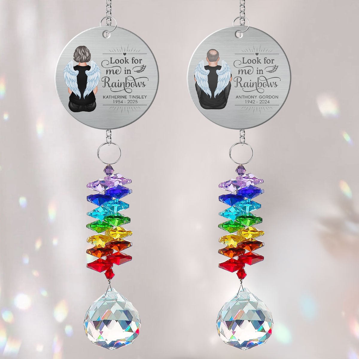 Family Memorial Look For Me In Rainbows Personalized Crystal Suncatcher With Aluminum Charm