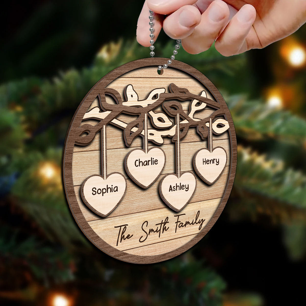 Family Tree Hanging Hearts Personalized 2-Layer Wooden Ornament, Christmas Gift For Family