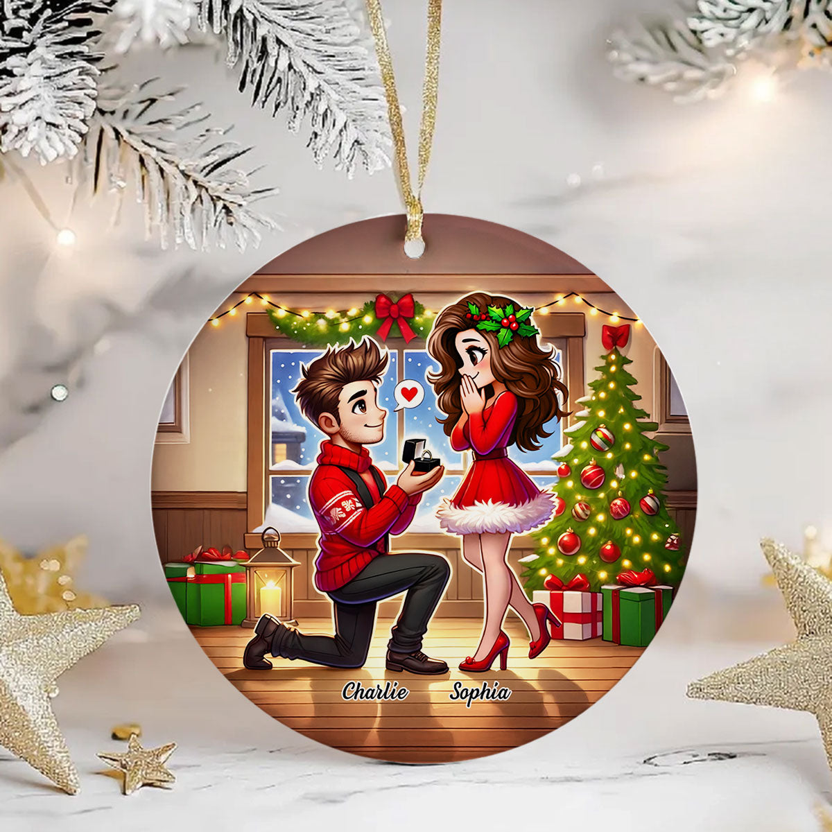 Cartoon Couple Marriage Proposal Personalized Christmas Ceramic Ornament, Custom Just Engaged Gifts for Couples