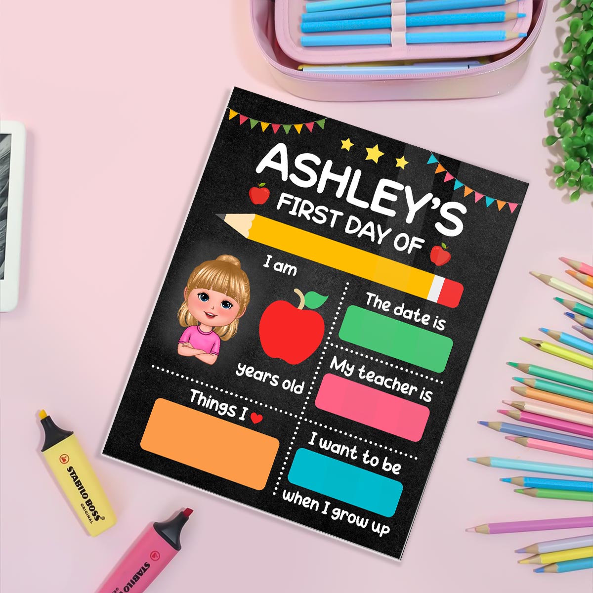 Doll Kid First Day Of School Personalized Board Sign, Editable, Reusable Back To School Sign