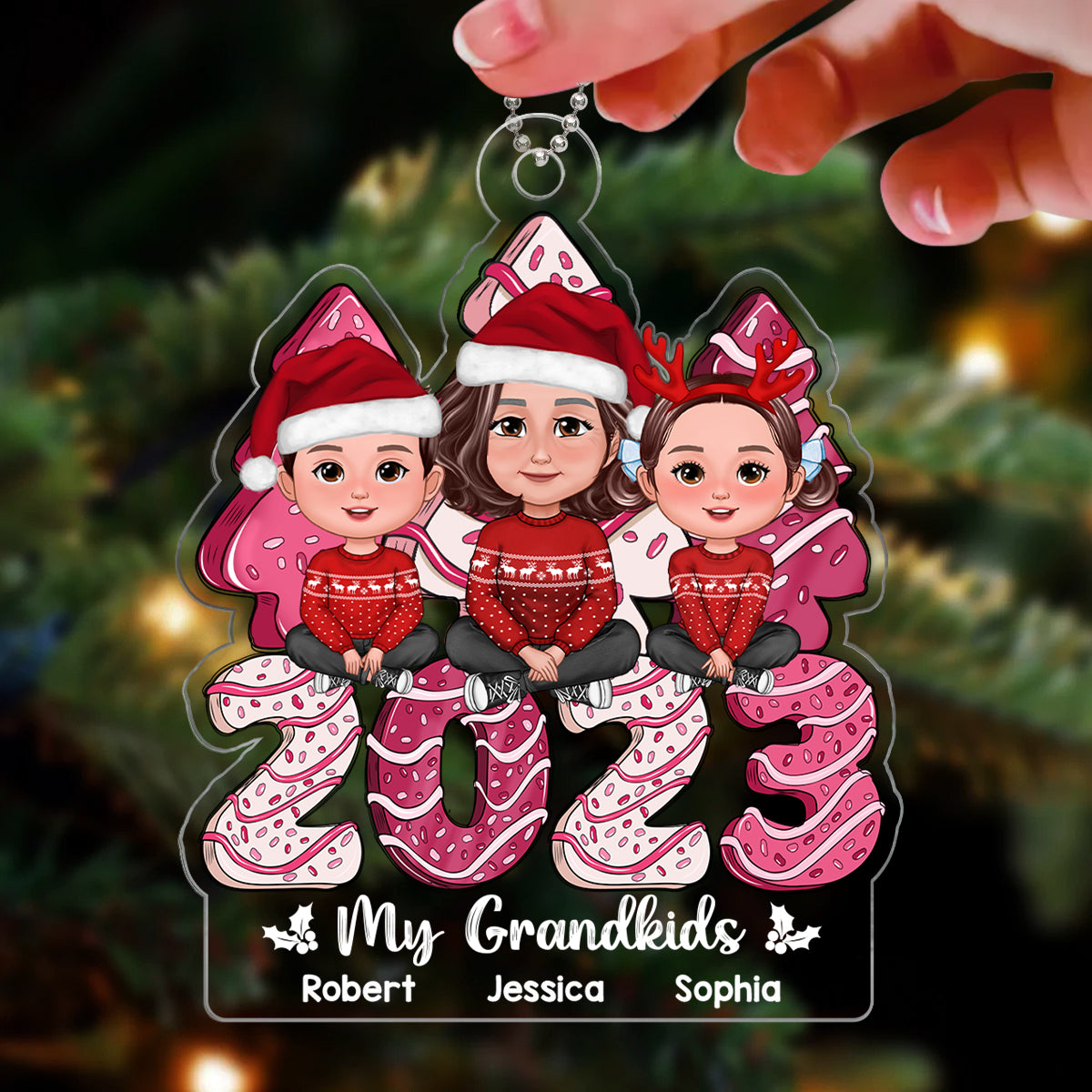 Pink Christmas Tree Cake Grandma Grandkids Personalized Acrylic Ornament