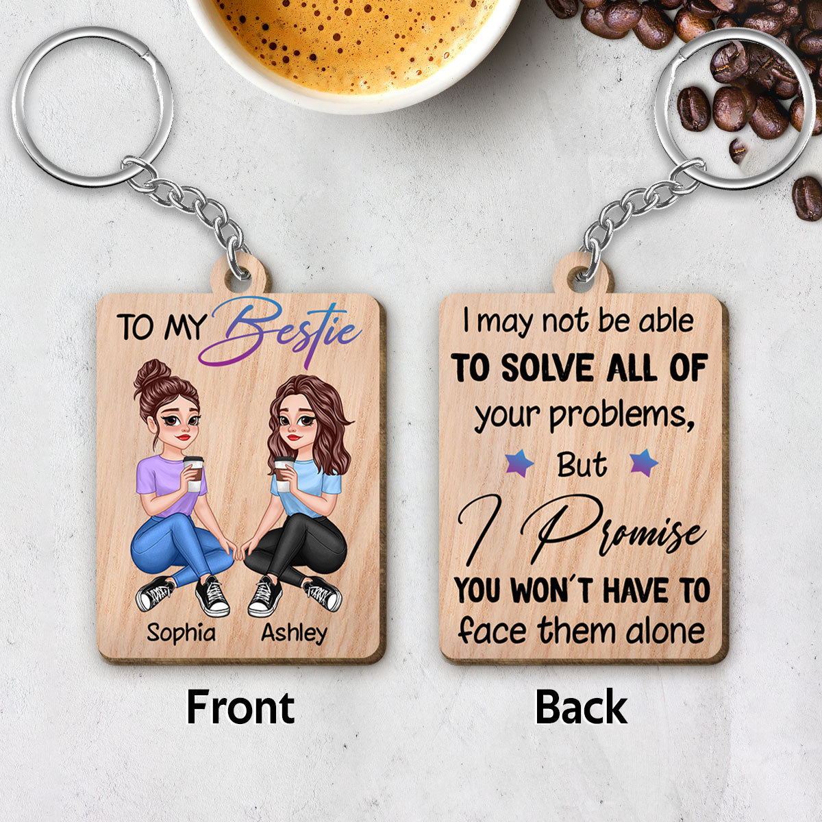 Pretty Cartoon Besties To My Bestie Personalized Wooden Keychain