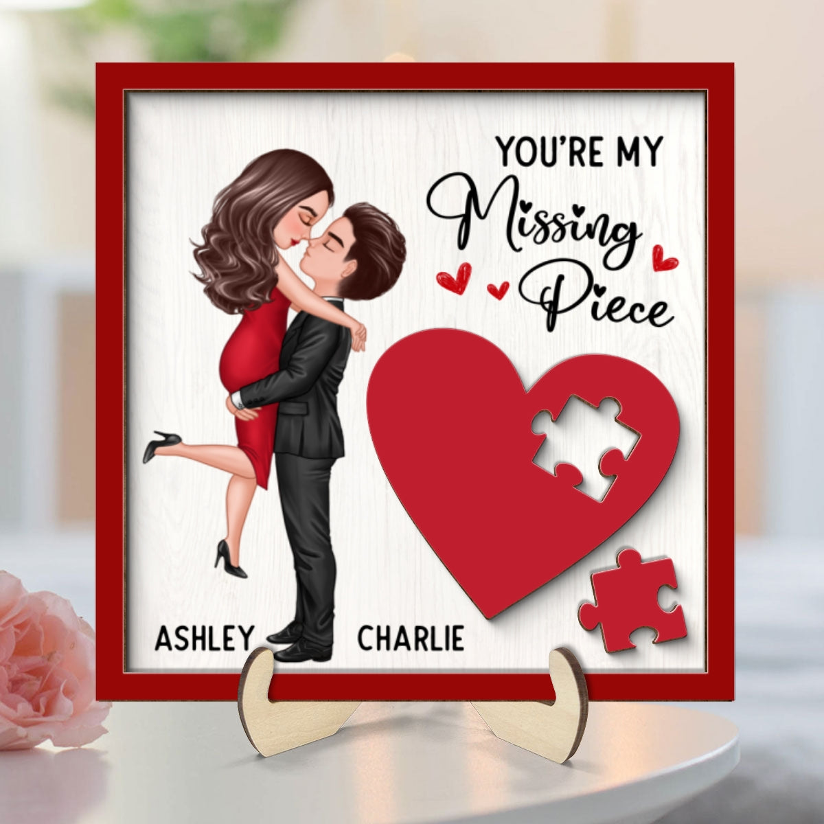 Couple Missing Piece Red Heart Theme Valentine‘s Day Gift Personalized 2-layer Wooden Plaque