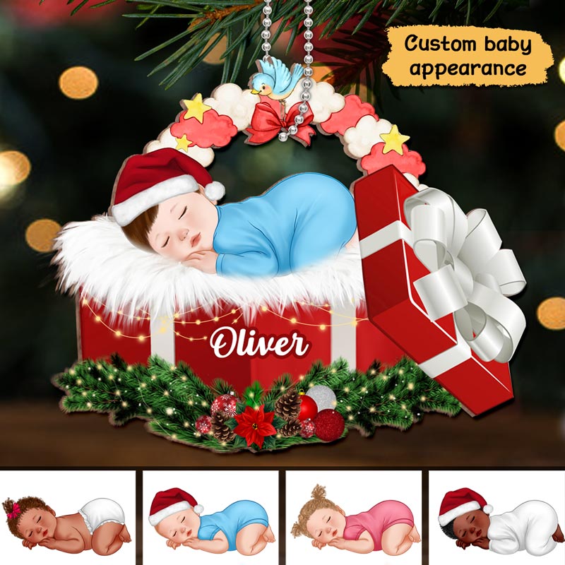 Baby Sleeping In Christmas Gift Box Personalized Wooden Ornament