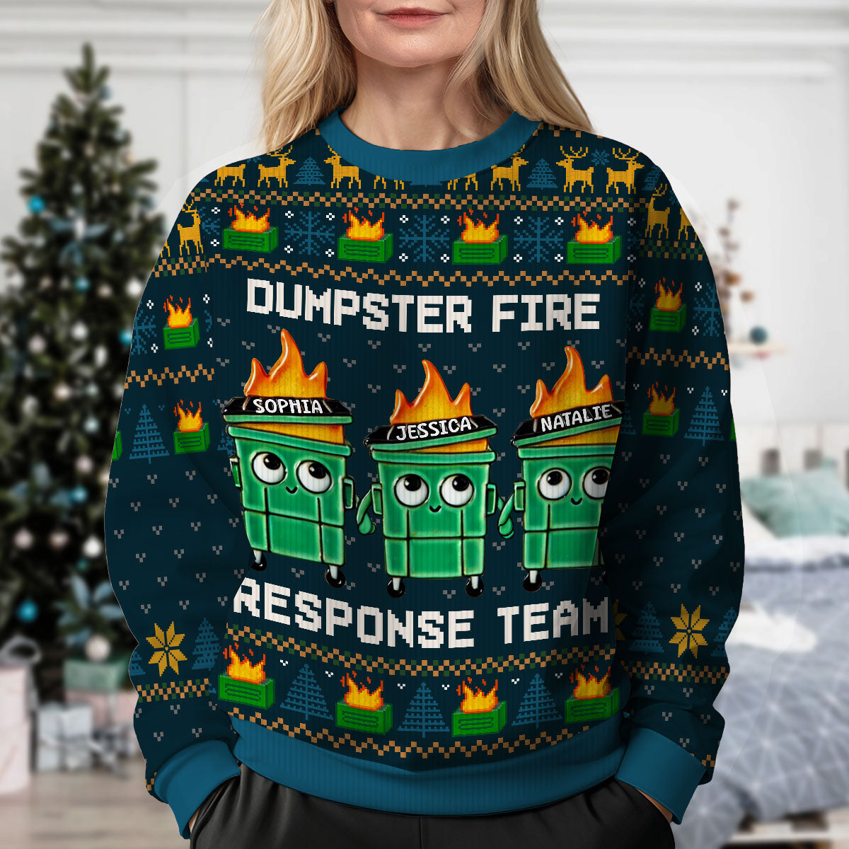 I'm Fine Everything Is Fine Dumpster Fire Funny Office Staff - Personalized Faux Knitting Ugly Sweater - Christmas Costume