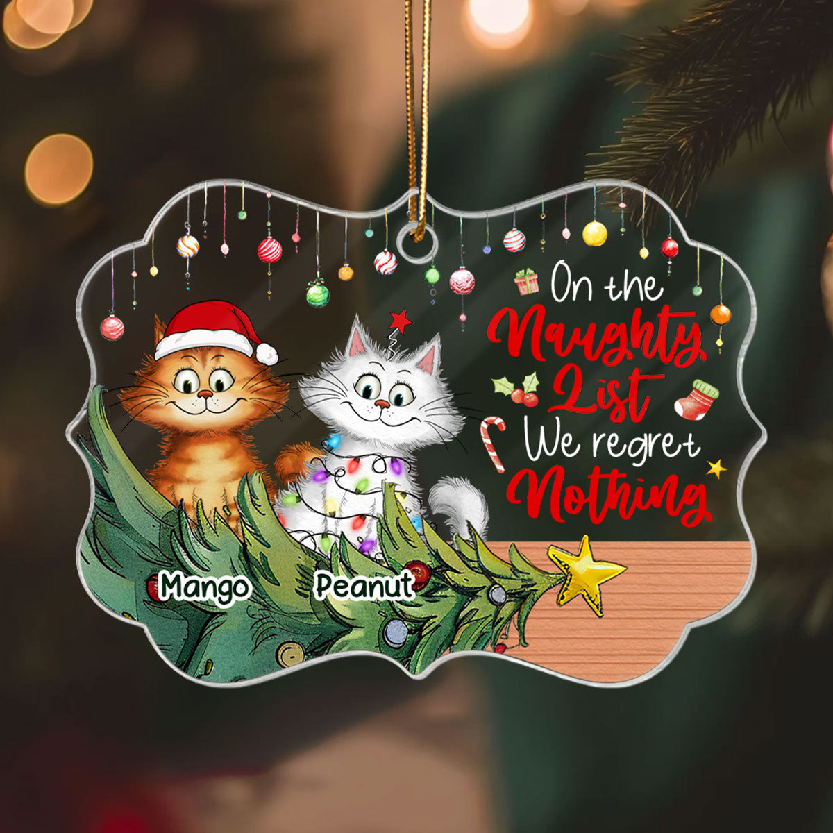 Christmas Quirky Cat On The Naughty List Regret Nothing Personalized Acrylic Ornament, Unique Christmas Gift For For Cat Owners Cat Lovers