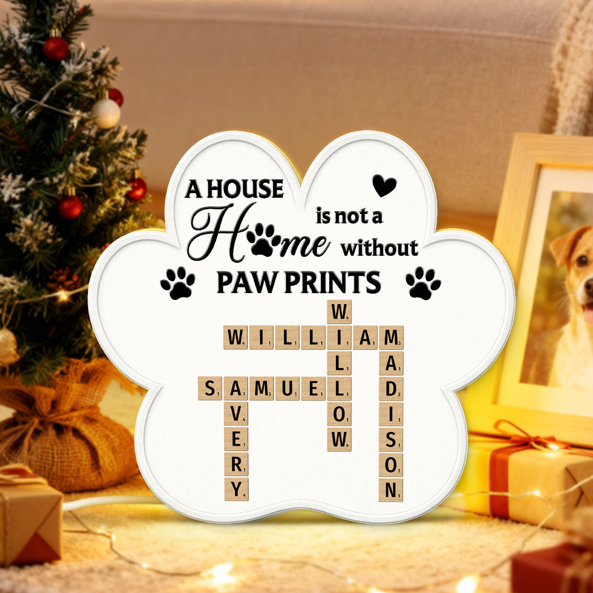 A House Is Not A Home Without Paw Prints Custom Pet Names Crossword Art - Personalized Light Box