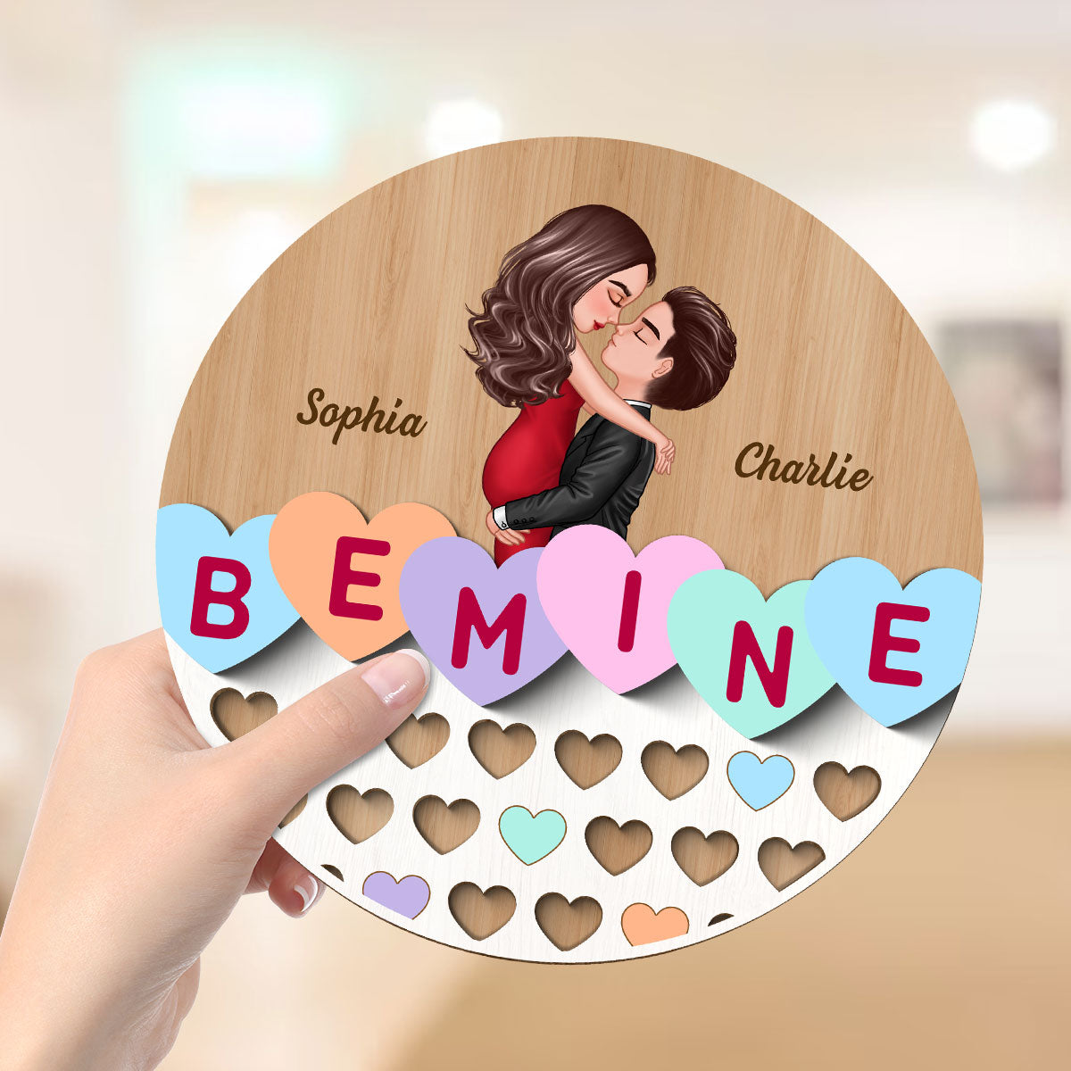 Be Mine Conversation Heart Couple Kissing Personalized 2-layer Wooden Plaque, Gift For Him, For Her