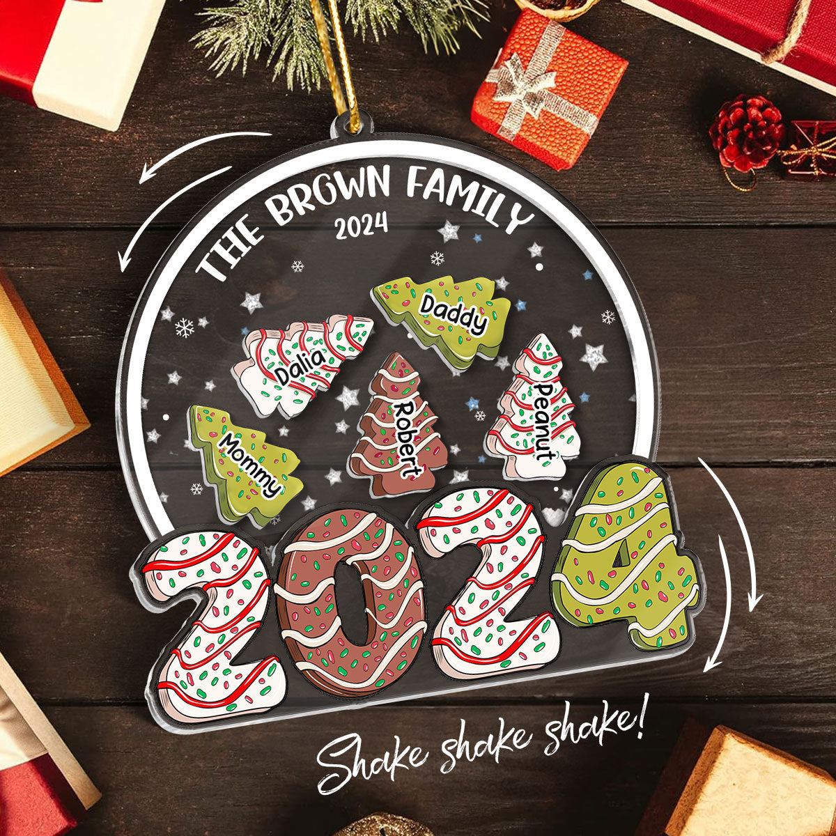 Family Christmas Tree Cake 2024 Personalized Shaker Ornament, Christmas Gift