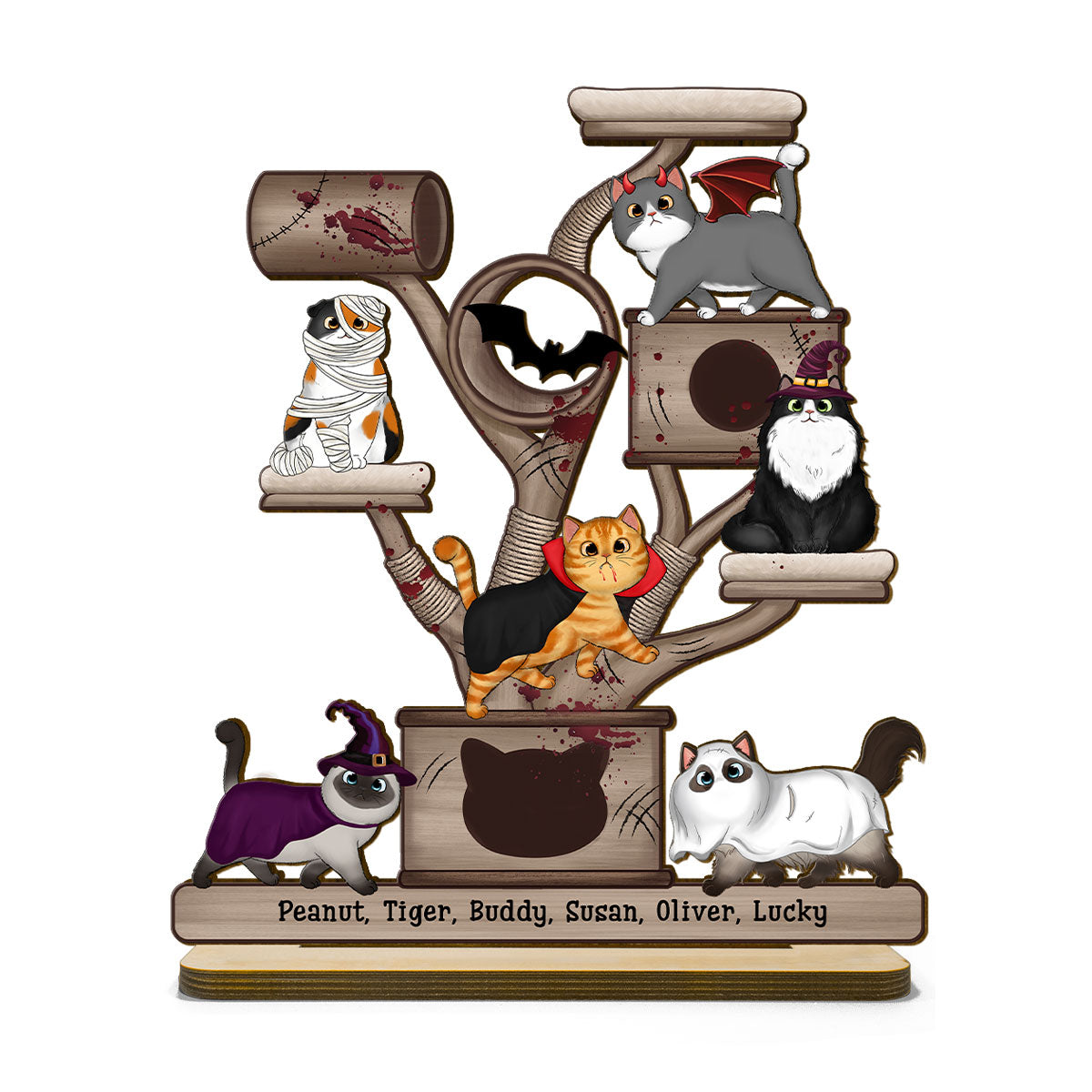 Halloween Cats Tower Personalized Wooden Standing Plaque, Halloween Decor