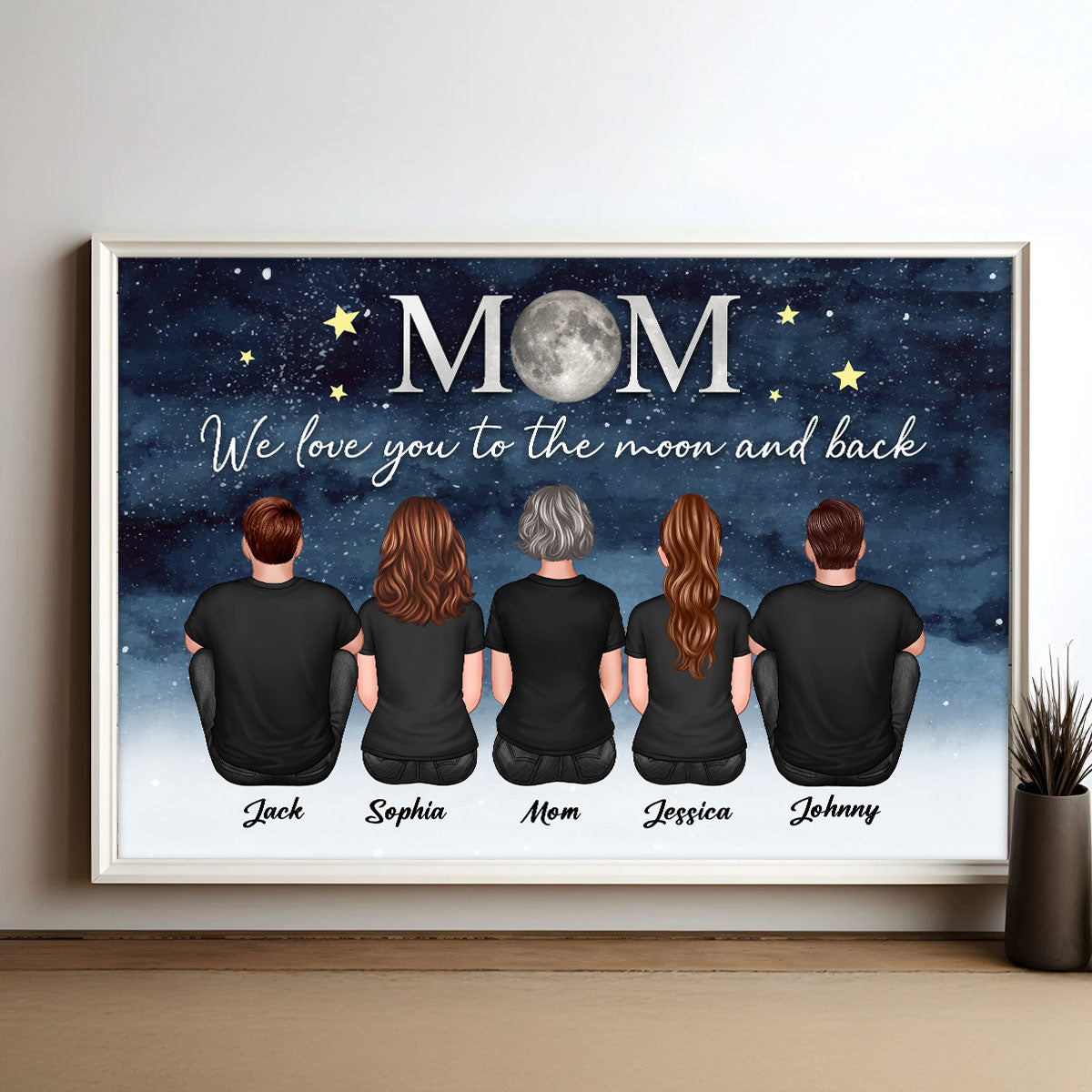 Mom And Kids Sitting Under Starry Night We Love You To The Moon And Back Personalized Poster, Gift For Mom