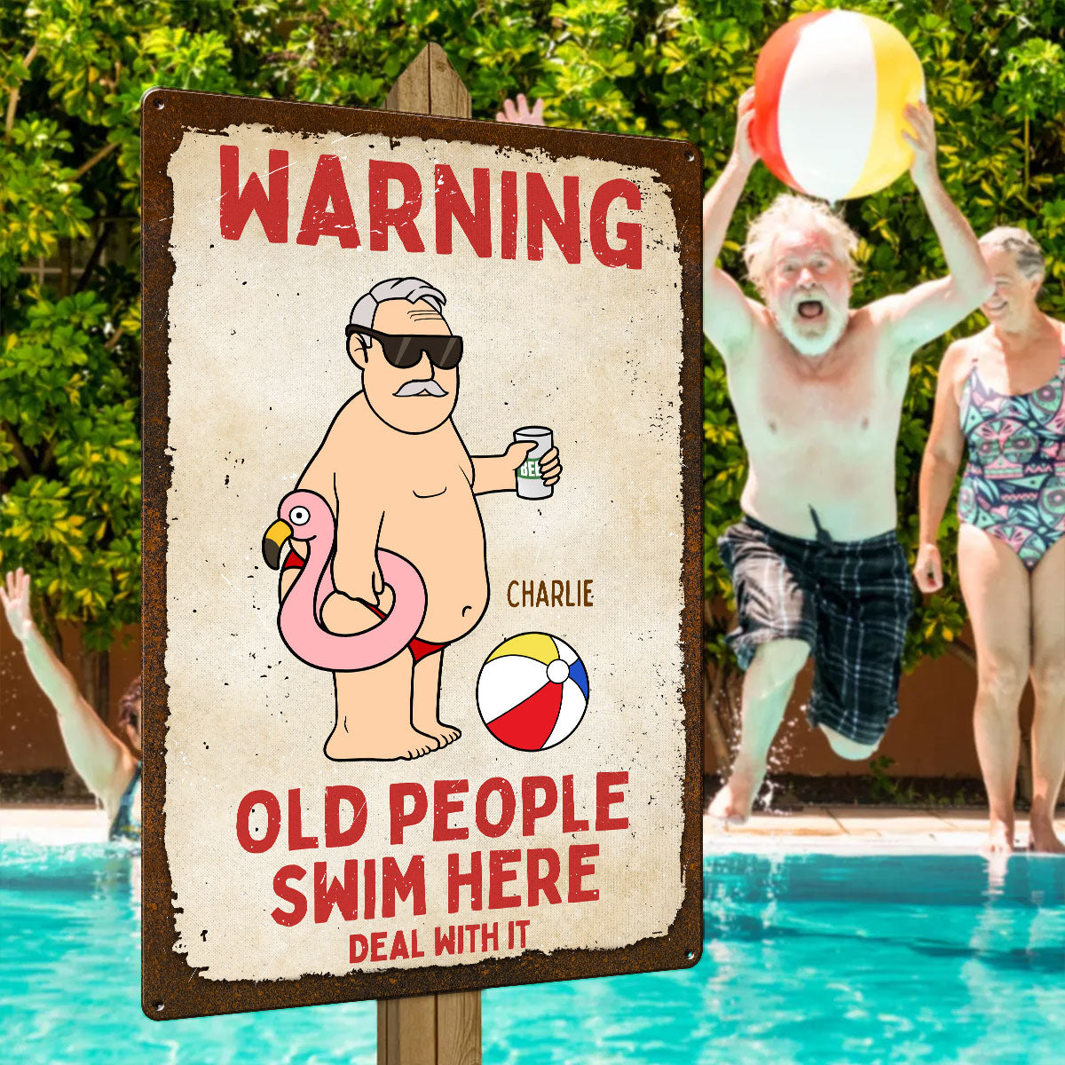 Warning Old People Swim Here Personalized Pool Metal Sign