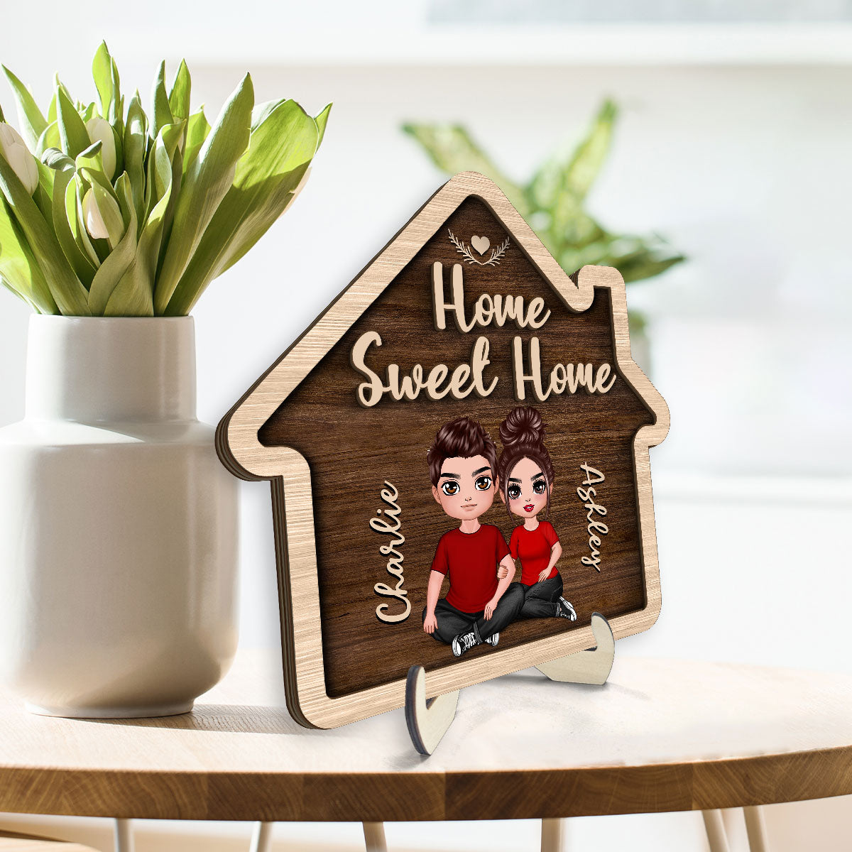 Home Sweet Home Couple Sitting House Shaped Personalized 2-layer Wooden Plaque