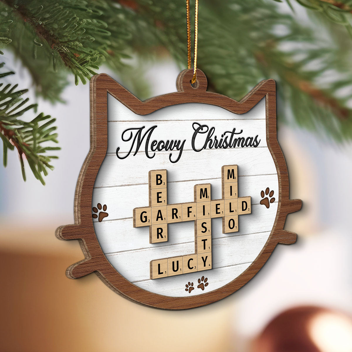 Cat Face Shape A House Is Not A Home Without Paw Prints Crossword Art Personalized 2-Layer Wooden Ornament