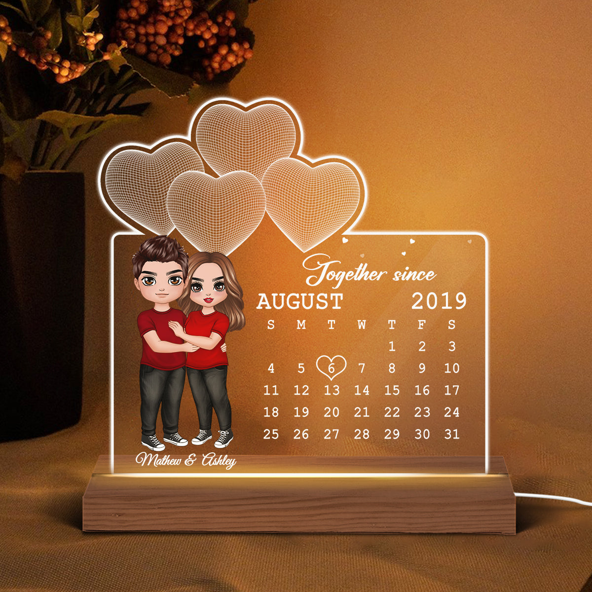 Doll Couple Hugging Under 3D Heart Anniversary Date Calendar Personalized Custom Shape Acrylic Plaque With LED Night Light - Anniversary Gift For Couple - Gift For Him Gift For Her