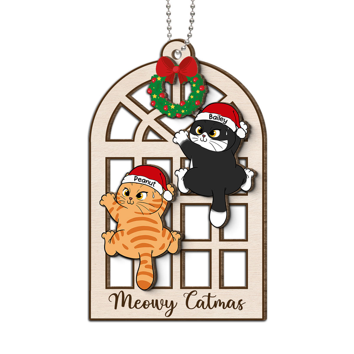 Meowy Catmas Cats Climb Window Personalized 2-Layer Wooden Ornament
