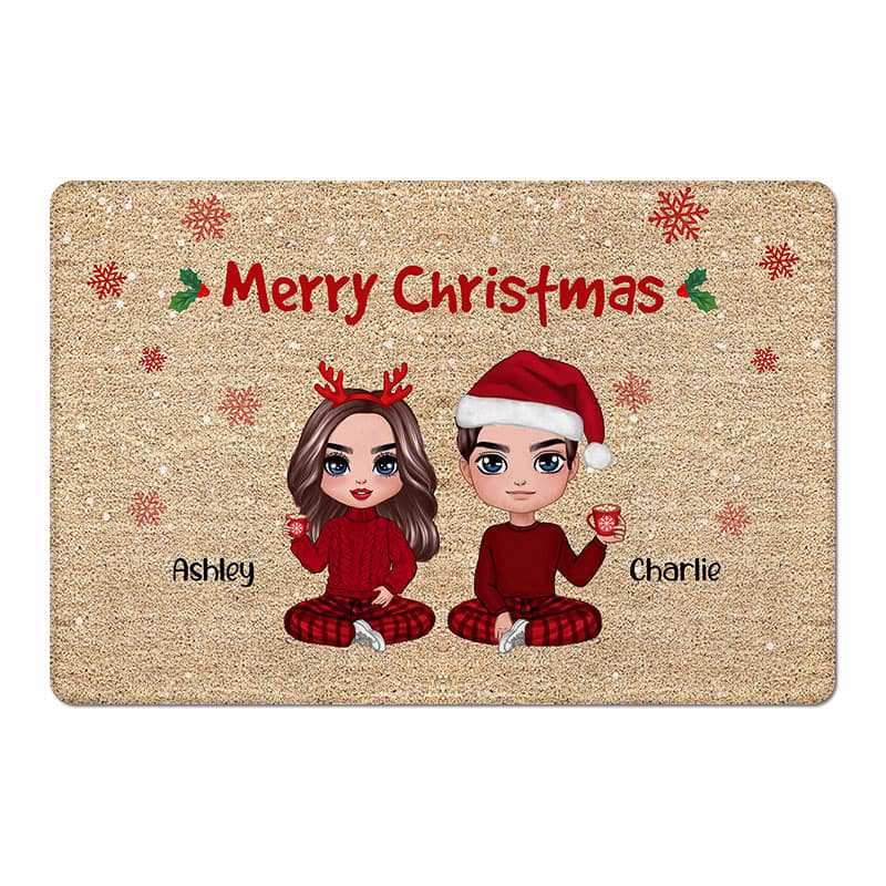 Christmas Doll Couple Sitting Personalized Doormat