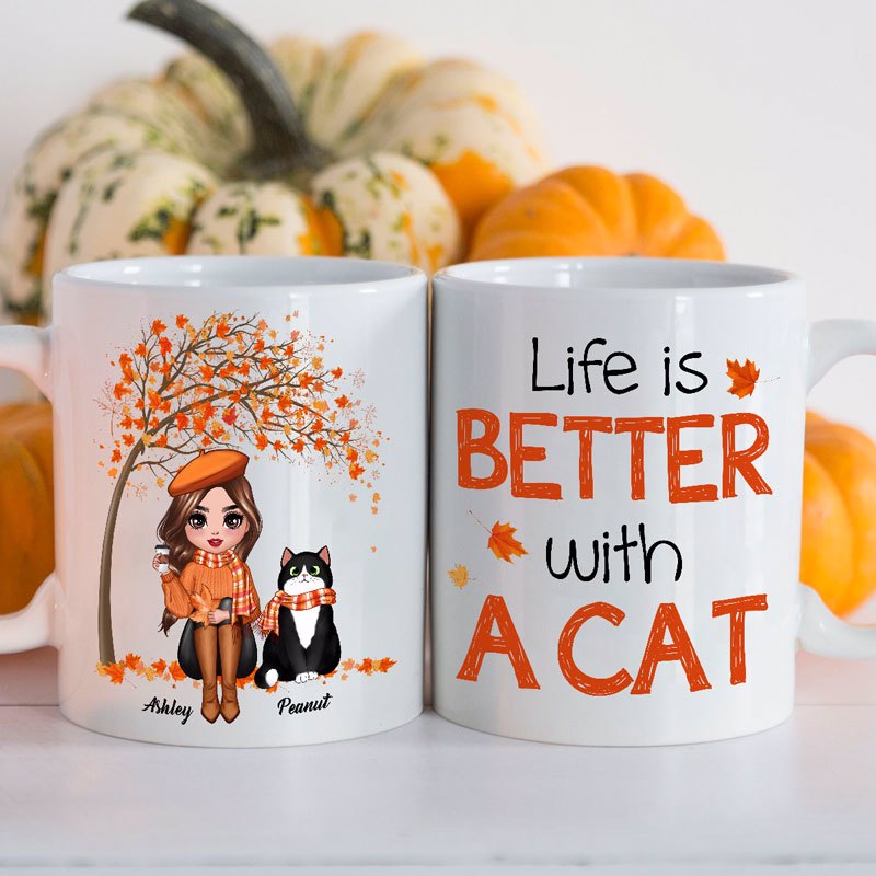 Fall Season Doll Woman Life Is Better With Cats Personalized Mug