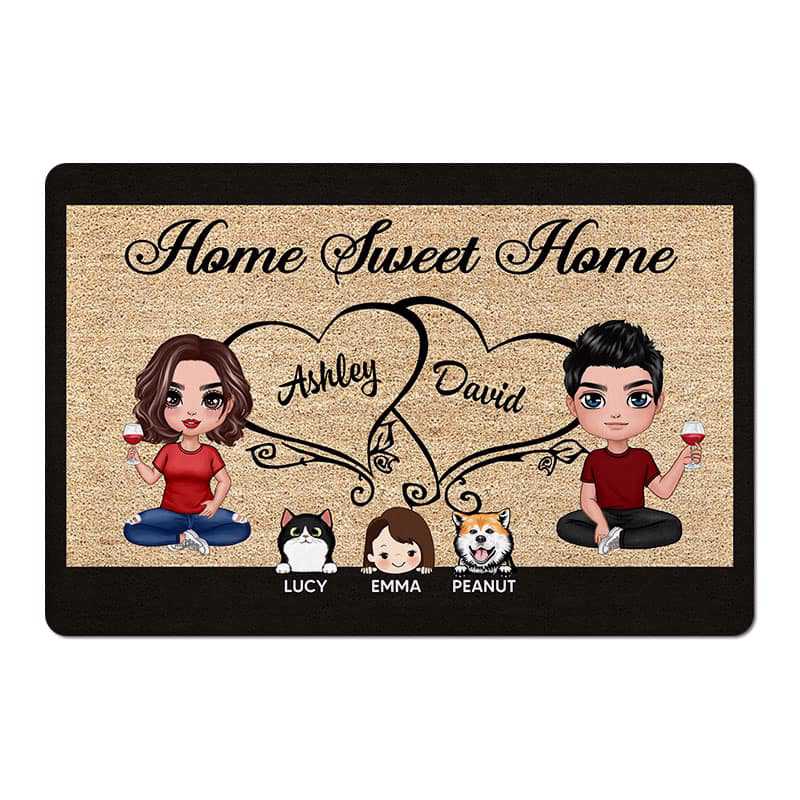 Family Doll Couple Dad Mom Kids Dogs Cats Sitting Home Sweet Home Personalized Doormat